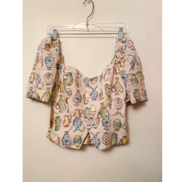 WILFRED Aritzia Linen Smocked Puff Sleeve FATALE Vase Print Blouse XS - Picture 6 of 7